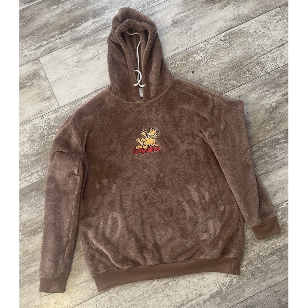 GARFIELD Brown Plush Furry Embroidered HOODIE Size‎ M NICKELODEON VELOUR